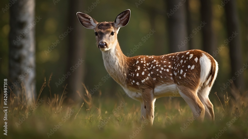 Young fawn portrait grazing in a forest clearing at golden hour light Young fawn portrait grazing in a forest clearing at golden hour light