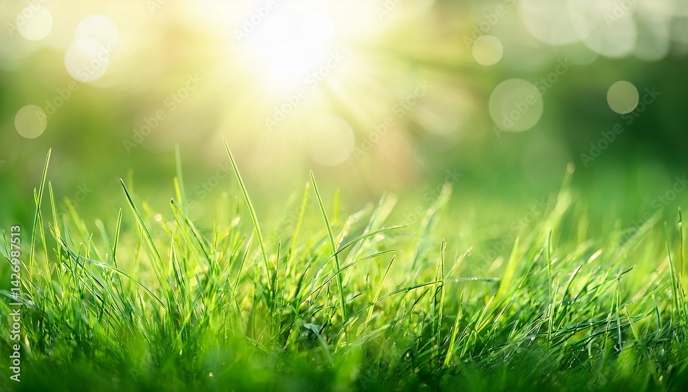 Obraz premium green natural abstract background with blurred grass and sun