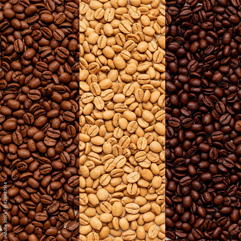 Fototapeta premium Background with coffee beans medium roast, light roast and dark roast.