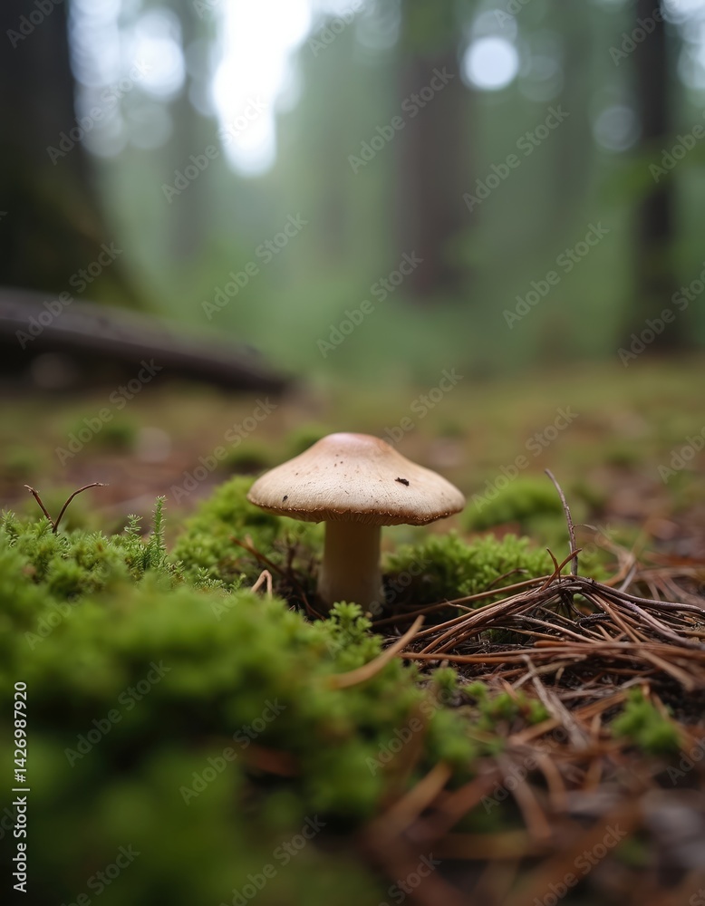 Fototapeta premium Lonely mushroom grows forest ground. Fungal plant with cap, stem. Edible mushroom, cep, boletus on forest floor. Autumn season, moss, wood, natural, wild. Food, nature.