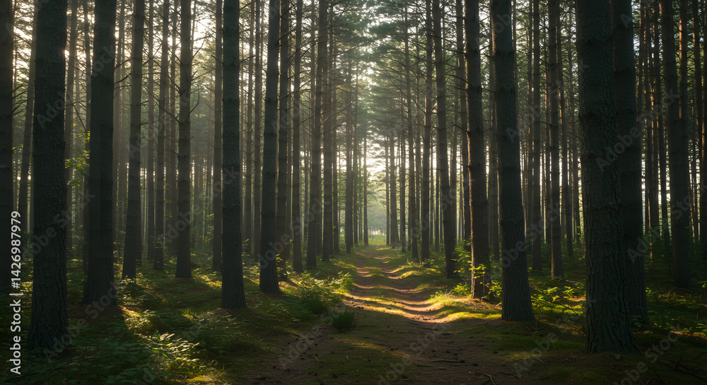Fototapeta premium Peaceful Forest Path Under Soft Morning Light – Serene Pine Woods with Mist and Gentle Sunbeams