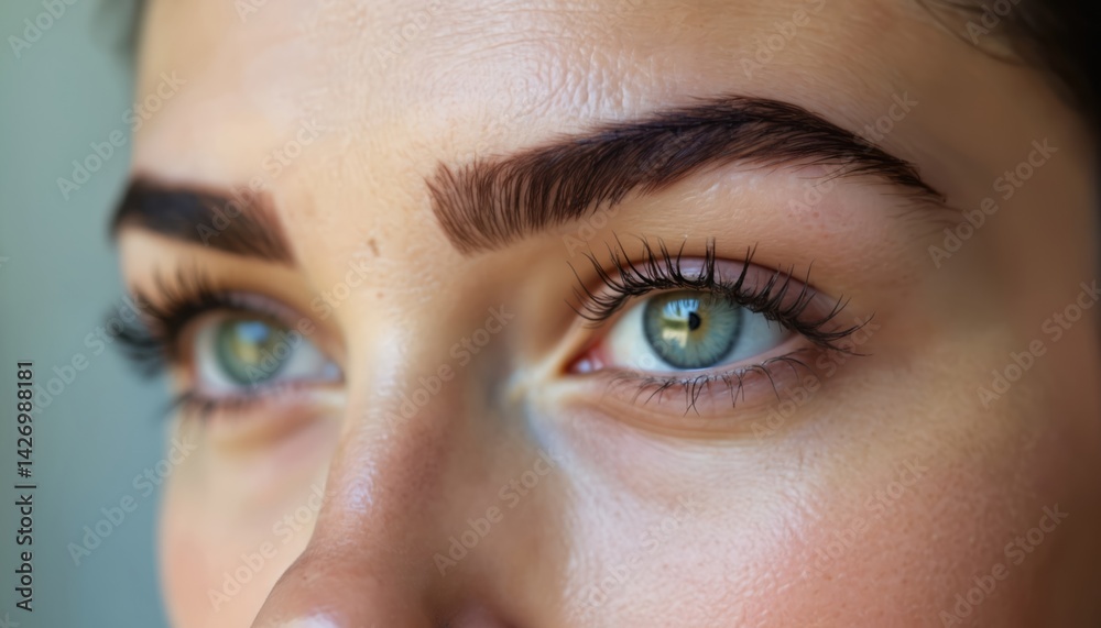 Fototapeta premium Close-up of woman face. Gorgeous green eyes with long lashes and perfect eyebrows. Healthy skin, flawless makeup, beautiful natural look. Beauty, skincare concept. Botox for eyebrows. Aesthetic.