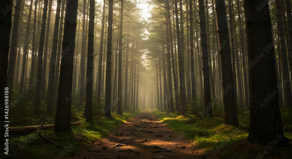 Naklejka premium Forest Under Soft Morning Light – Serene Pine Woods with Gentle Sunbeams