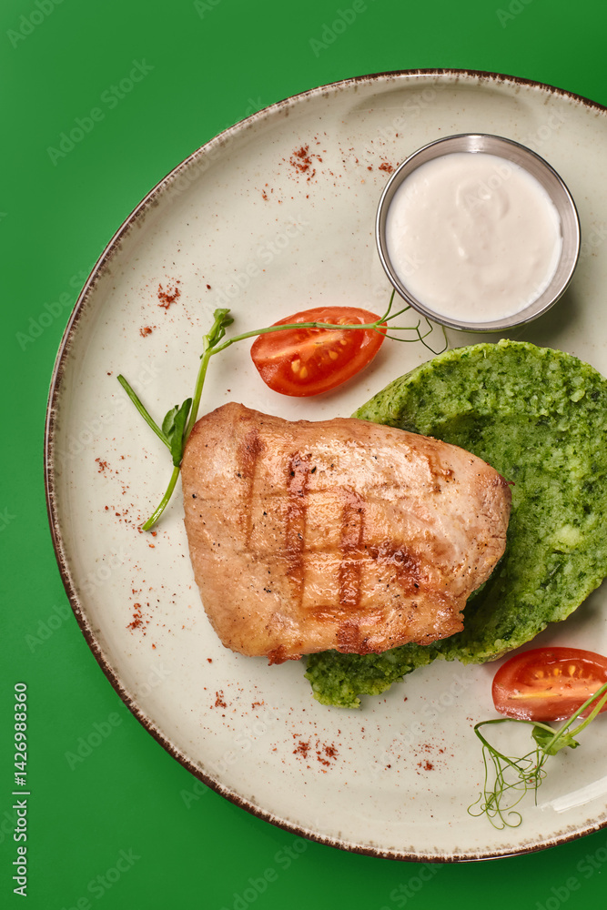 Grilled chicken breast with spinach puree and white sauce on green background