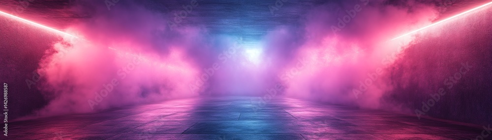Obraz premium Neon light tunnel, pink and blue neon lights, abstract background, dark background, vibrant colors, futuristic background, glowing, bright, dark, mysterious, atmospheric, smoke, fog, vapor.