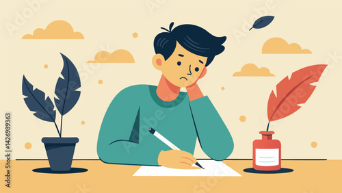 As the ink dries the writer reflects on their reactions to the daily challenges and how they can better practice patience and virtue.. Vector illustration