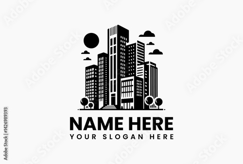 Elegant high-rise building integrated with sleek initials, premium real estate logo for luxury developers 