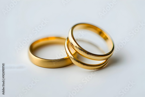 Close up shot of two simple gold wedding bands on white
