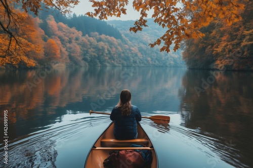 Woman paddling a canoe on a tranquil lake reflecting the vibrant colors of fall foliage, enjoying the serene beauty of nature