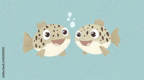 The illustration features two baby puffer fish, both looking adorable and happy.
