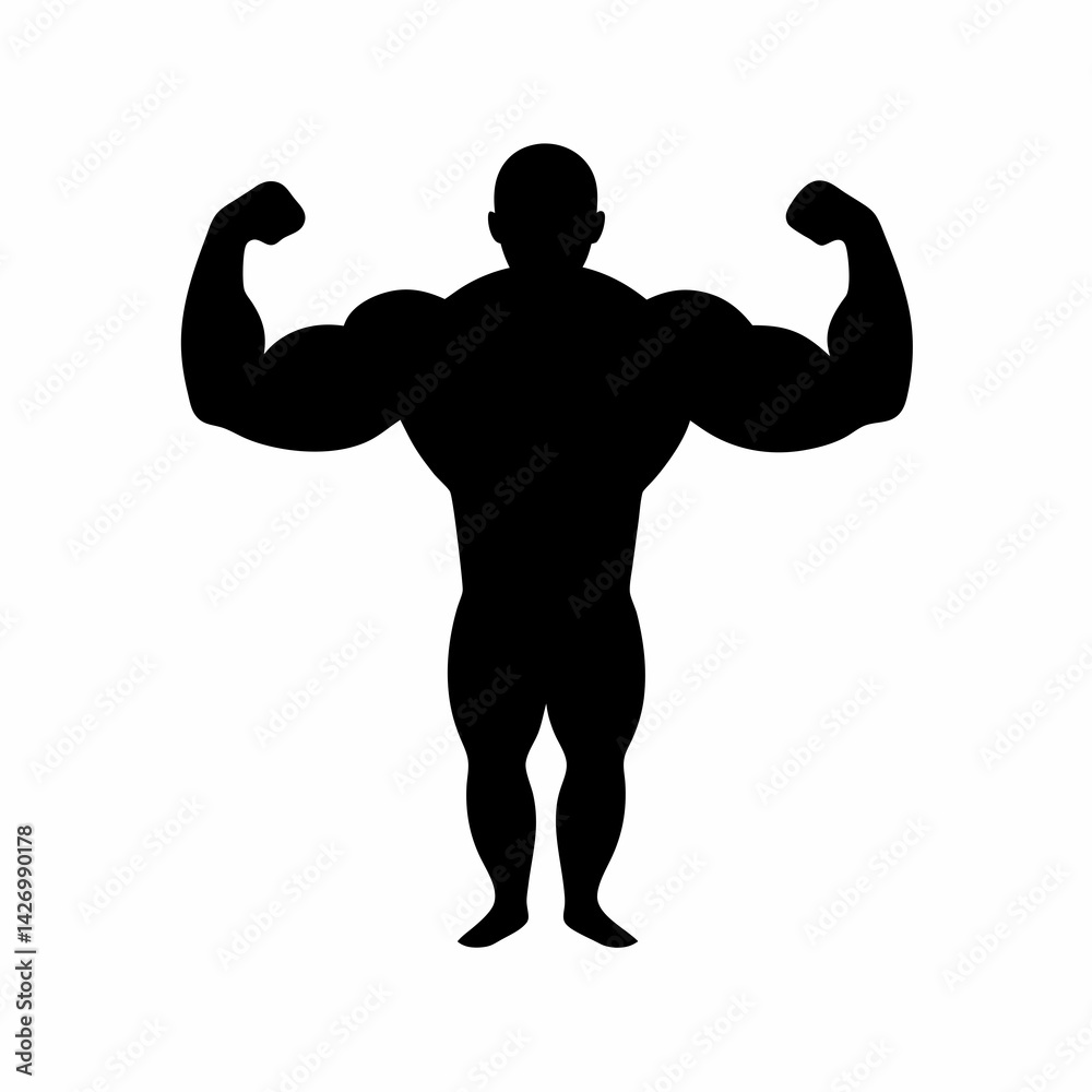 Fototapeta premium Muscular bodybuilder silhouette showing off biceps strong fitness black shape vector illustration