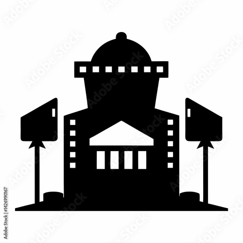 Black silhouette of a classic museum or courthouse building with flanking elements