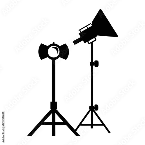 Studio lighting equipment silhouette with fresnel light and open face light