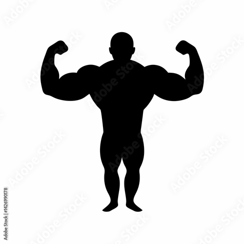 Muscular bodybuilder silhouette showing off biceps strong fitness black shape vector illustration