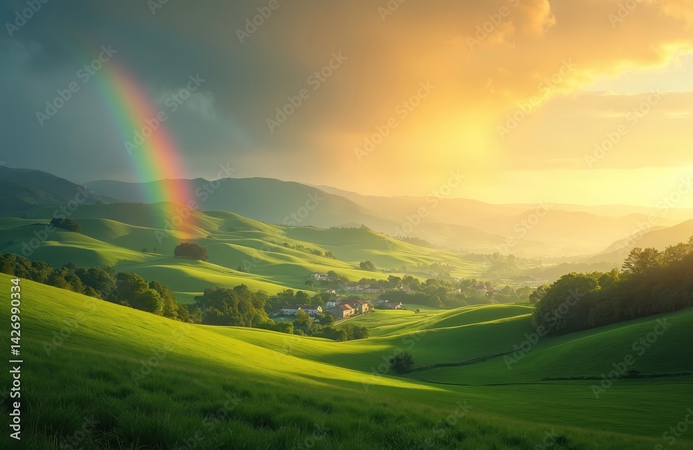 Fototapeta premium Rainbow spans green rolling hills, small village nestled valley. Golden sunlight illuminates landscape. Idyllic rural scenery, perfect nature view after rain.