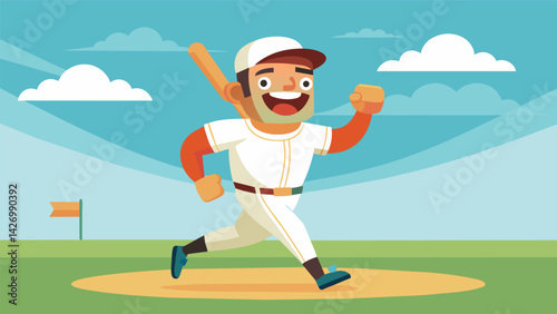 A seasoned baseball veteran smiling from ear to ear as he crosses home plate after hitting the gamewinning home run.. Vector illustration