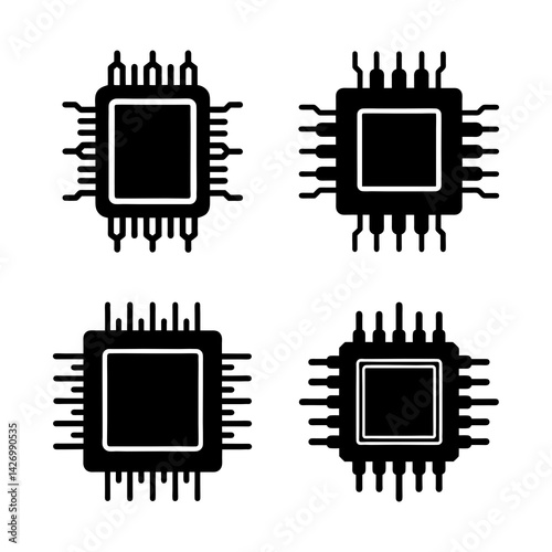 Set of four microchip icons computer motherboard technology black and white