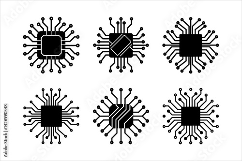 Black and white microchip icon set technology components for circuit board design