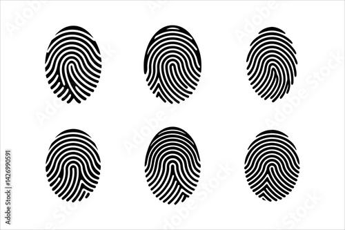 Set of black fingerprints for identification security system on white background