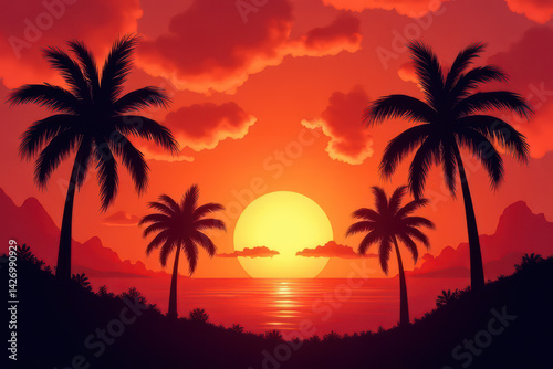 Stunning Fiery Tropical Sunset: Rich Orange & Pink Sky, Glowing Sun, Bold Palm Silhouettes