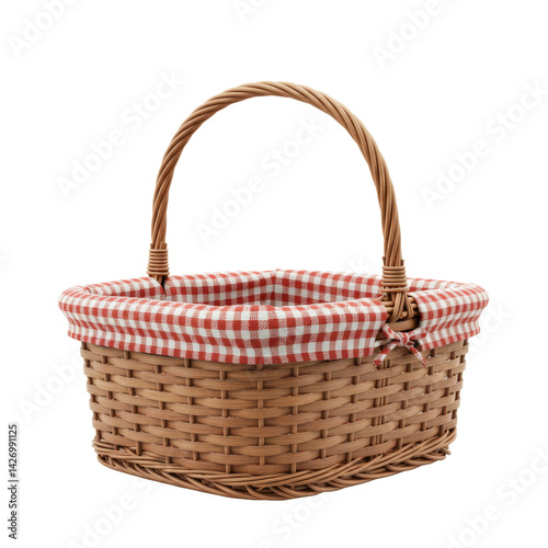 A beautifully crafted wicker picnic basket with a red and white gingham lining, perfect for a picnic.