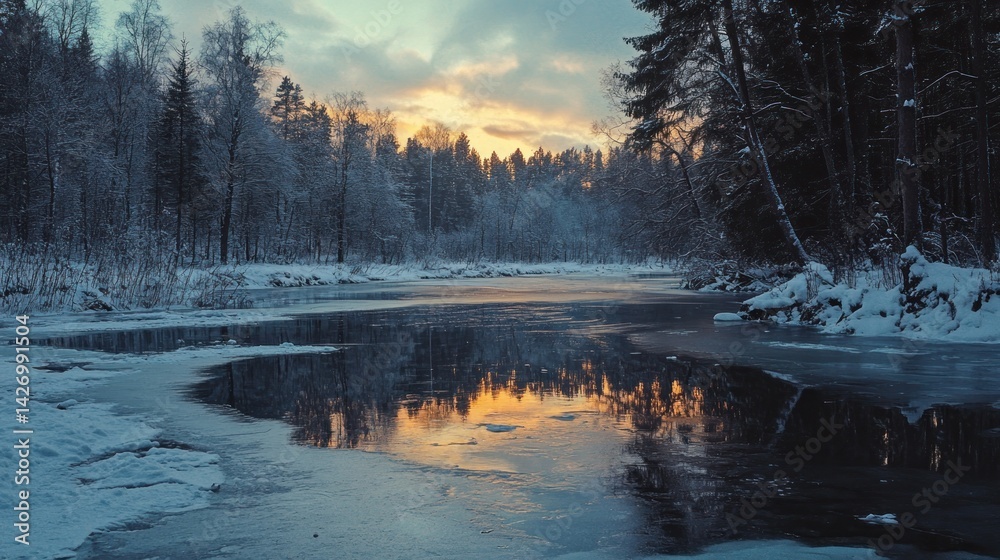 Fototapeta premium Snowy Winter River Through Forest During Sunset With Golden Sky Reflections and Peaceful Atmosphere