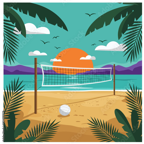 A vibrant illustration capturing the essence of summer fun, featuring a beach volleyball scene with the sun setting over the ocean, framed by palm trees