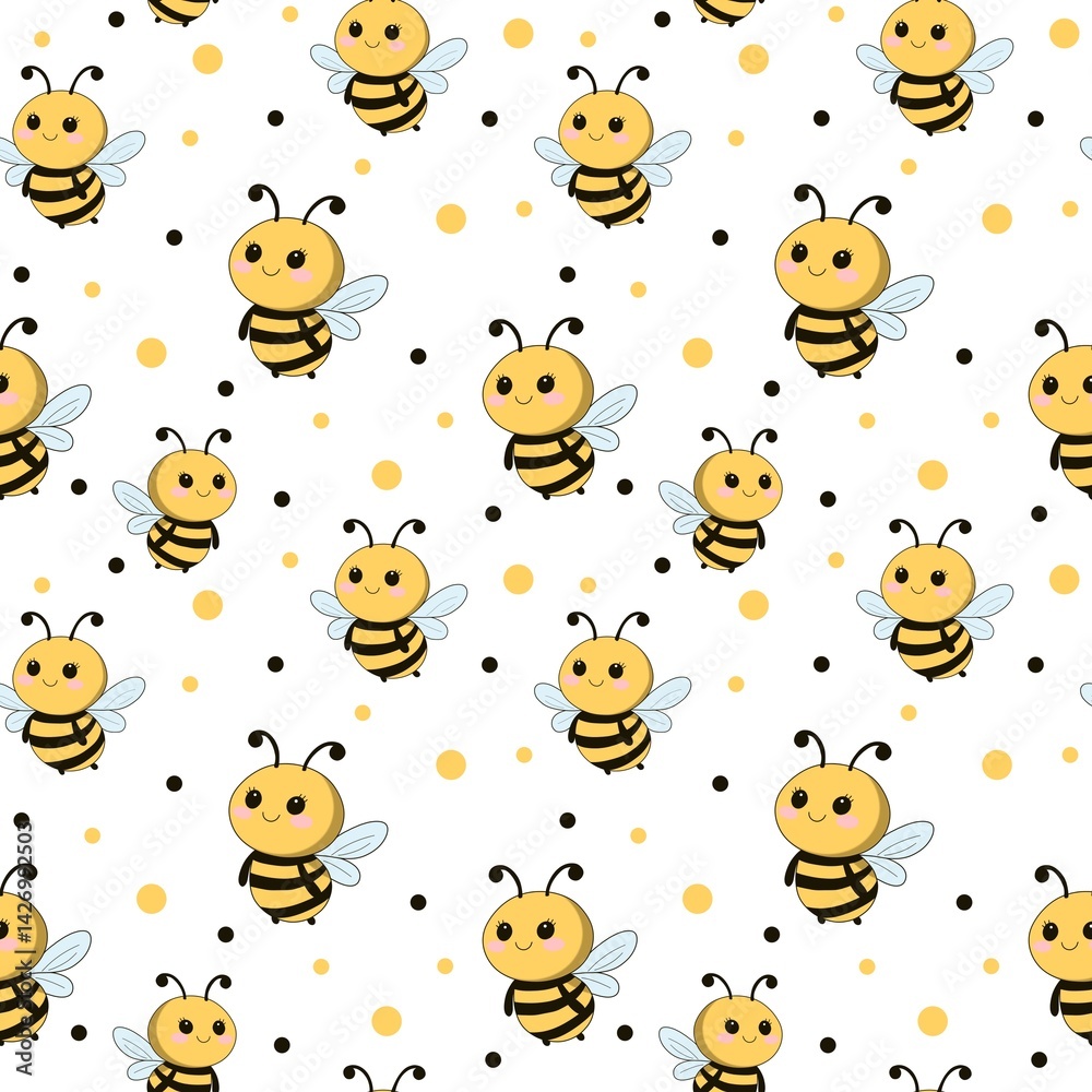 Fototapeta premium Seamless pattern with cute cartoon bee, polka dots on a white background
