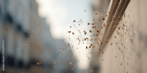 Particles of flower pollen fly in the air on a city street. Spring blossoms, aggravation of allergies in allergy sufferers