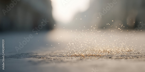 Particles of flower pollen fly in the air on a city street. Spring blossoms, aggravation of allergies in allergy sufferers