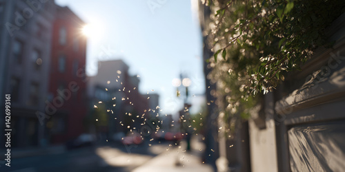 Particles of flower pollen fly in the air on a city street. Spring blossoms, aggravation of allergies in allergy sufferers