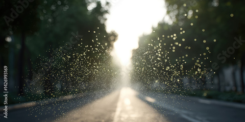 Particles of flower pollen fly in the air on a city street. Spring blossoms, aggravation of allergies in allergy sufferers