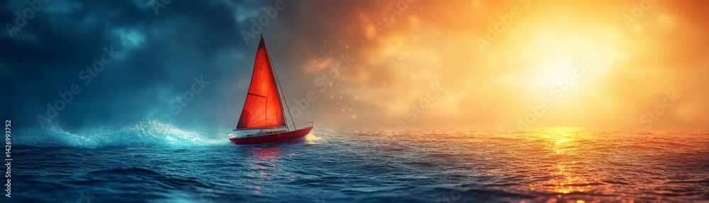 Obraz premium A lone sailboat with a bright red sail glides through a turbulent sea, with a sun setting in the distance. The sky is a mesmerizing blend of blue and orange hues.