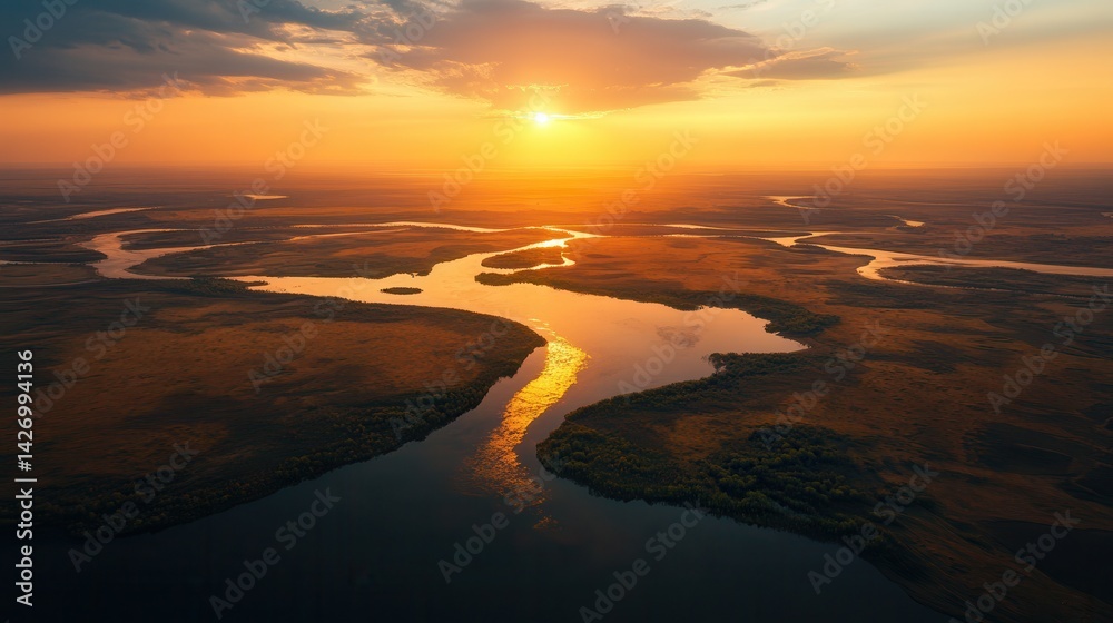 The scene captures a stunning aerial view of nature bathed in the light of an amazing sunrise. The scene captures a stunning aerial view of nature bathed in the light of an amazing sunrise.