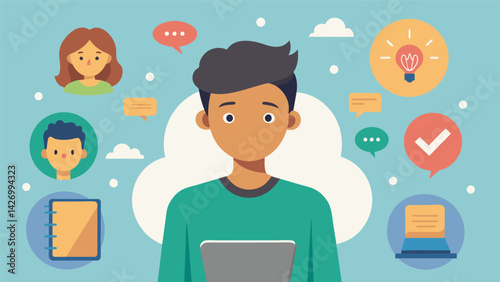 A teen host sharing personal anecdotes and advice on handling the pressures and challenges of growing up in todays society.. Vector illustration