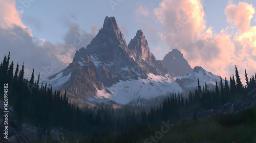 Snowy Mountain Peaks At Sunset With Forest