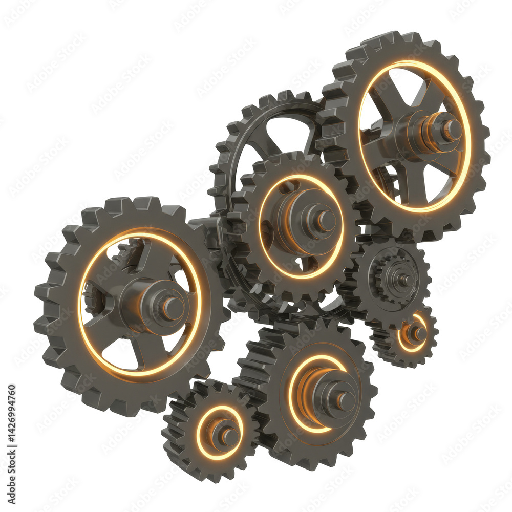 Complex arrangement of gears, illustrating mechanical precision and technological advancement with a glowing effect. Complex arrangement of gears, illustrating mechanical precision and technological advancement with a glowing effect.