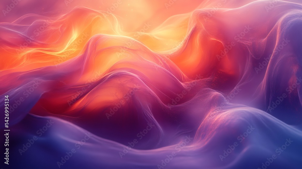 Obraz premium Abstract background with vibrant flowing fabric, evoking a sense of energy and movement. Soft light illuminates the flowing waves, creating a dreamlike and ethereal feel. 