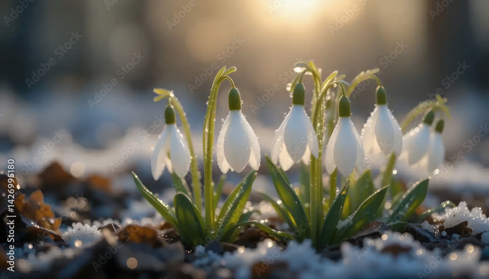Obraz premium Snowdrop Blossoms: A Serene Winter Sunrise Scene