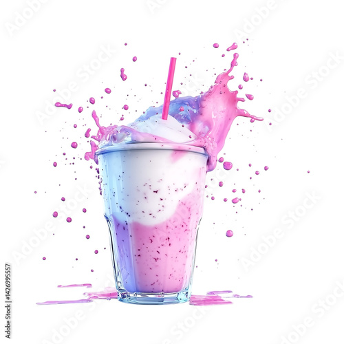 Vibrant Pink and White Milkshake Splashing Out of a Glass Against Transparent Background