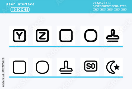 Set of 5 rounded user interface icons,square, terminal, u, v, w, x