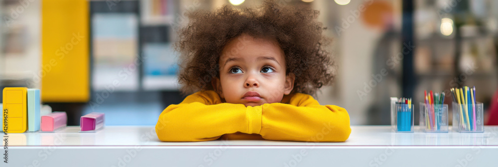 Multiracial Child at Stationery Store Window, Thoughtful Moments and Colorful Supplies for School Design