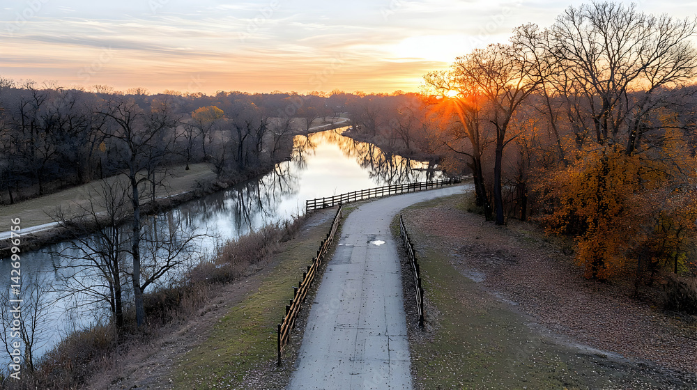 Obraz premium Pathway Along Canal At Sunset Overlook