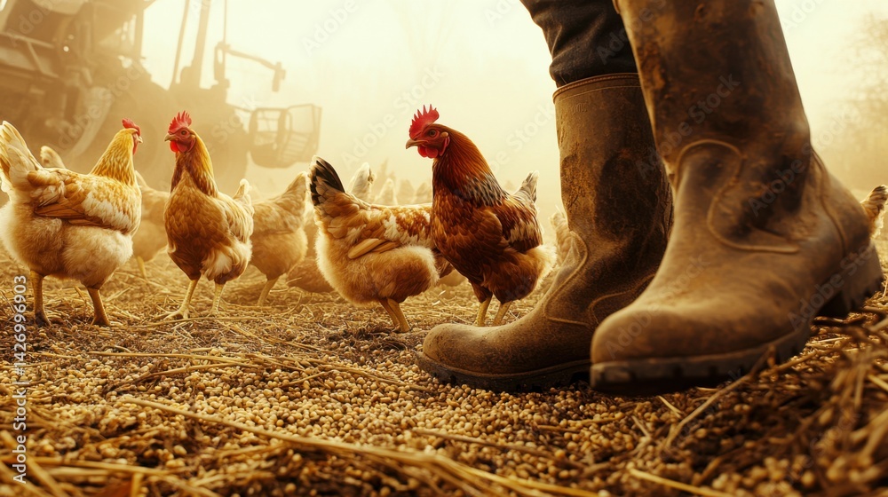 Group of free-range hens pecking at the ground, Eco farm concept