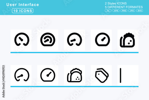 Set of 5 rounded user interface icons,tachometer, average, fast, fastest, slow