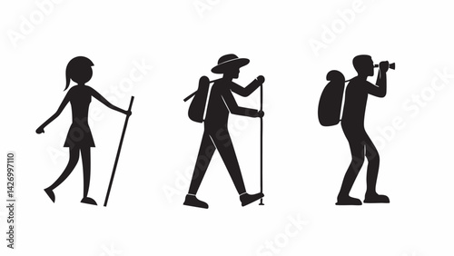 Set of hikers trekking silhouettes adventure people with walking sticks and backpacks