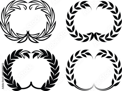 Set of wreaths and branches with leaves. Hand drawing laurel wreaths and branches collection. Laurels wreaths, swirls, twigs and flower ornaments. Herbs, love laurel wreaths
