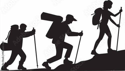 Silhouette illustration of people hiking with backpacks and hiking poles