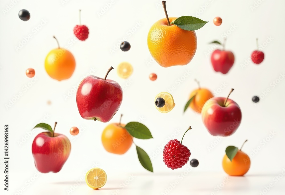 vibrant suspended colorful fruits stark white background artistic display freshness concept, ripe, red, yellow, green, orange, apples, bananas, berries vibrant suspended colorful fruits stark white background artistic display freshness concept, ripe, red, yellow, green, orange, apples, bananas, berries