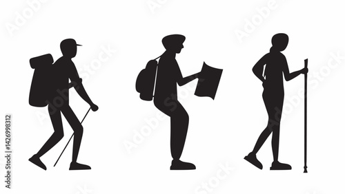 Hiker silhouettes backpacking with walking sticks and map adventure outdoors activity